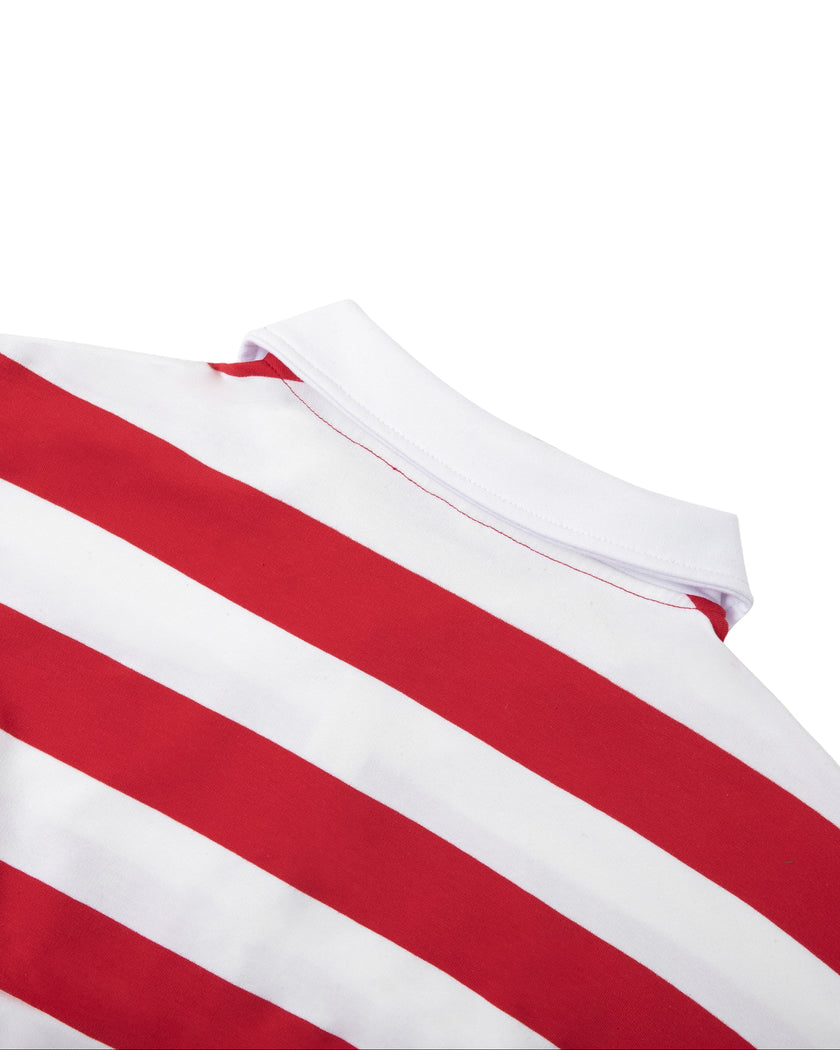 Close-up of the white back collar on the red and white Athlesi TrackLine Striped Polo Shirt