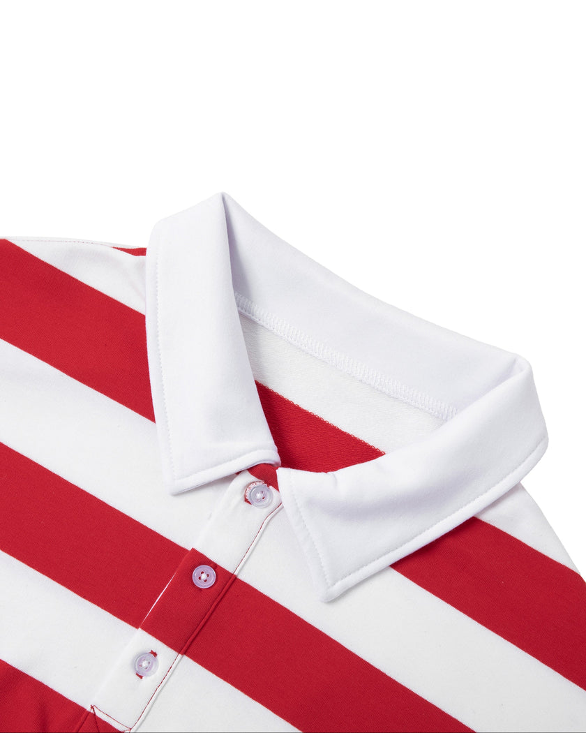Close-up of the white polo collar and button placket on the red and white Athlesi TrackLine Striped Polo Shirt