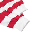 Close-up of the white ribbed sleeve cuff and striped design on the red and white Athlesi TrackLine Striped Polo Shirt