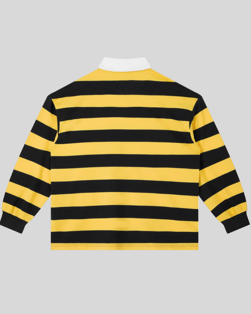 Athlesi TrackLine Striped Polo Shirt in yellow and navy-blue stripes, back view
