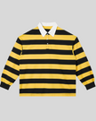 Athlesi TrackLine Striped Polo Shirt in yellow and navy-blue stripes, front view