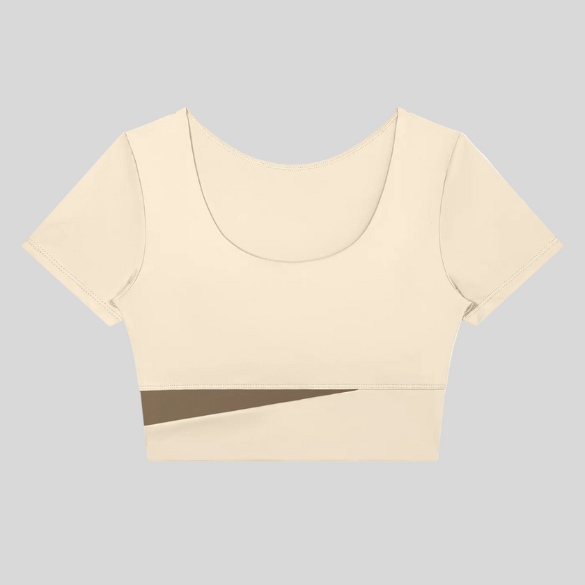 TrackLine Synergy Cropped Tee in Apricot with Khaki color-block panel, front view
