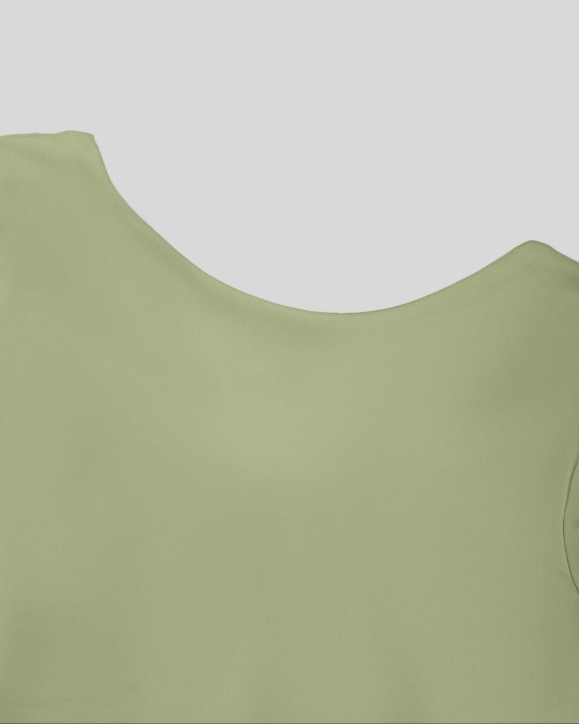 Close-up of back neckline on TrackLine Synergy Cropped Tee in Bean Green