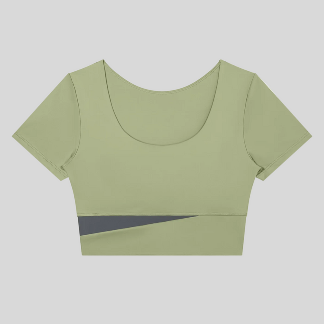 TrackLine Synergy Cropped Tee in Bean Green with Dark Gray color-block panel, front view