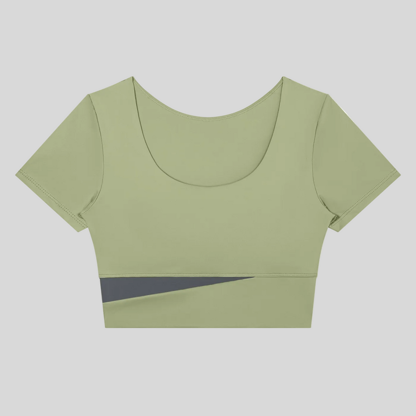 TrackLine Synergy Cropped Tee in Bean Green with Dark Gray color-block panel, front view