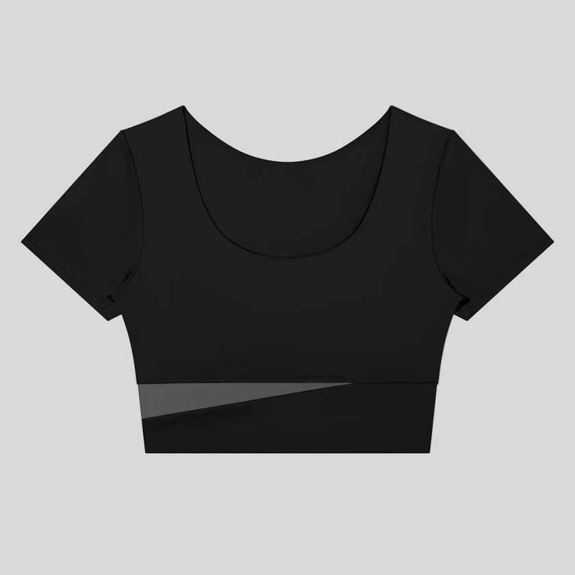TrackLine Synergy Cropped Tee in Black with Dark Gray color-block panel, front view