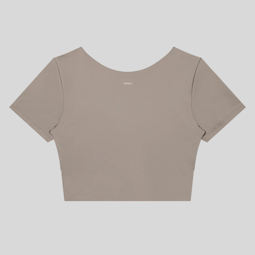 TrackLine Synergy Cropped Tee in Gray Purple with Brick Red, back view