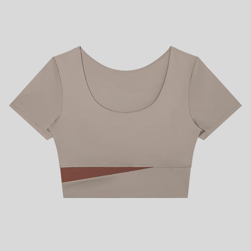 TrackLine Synergy Cropped Tee in Gray Purple with Brick Red color-block panel, front view