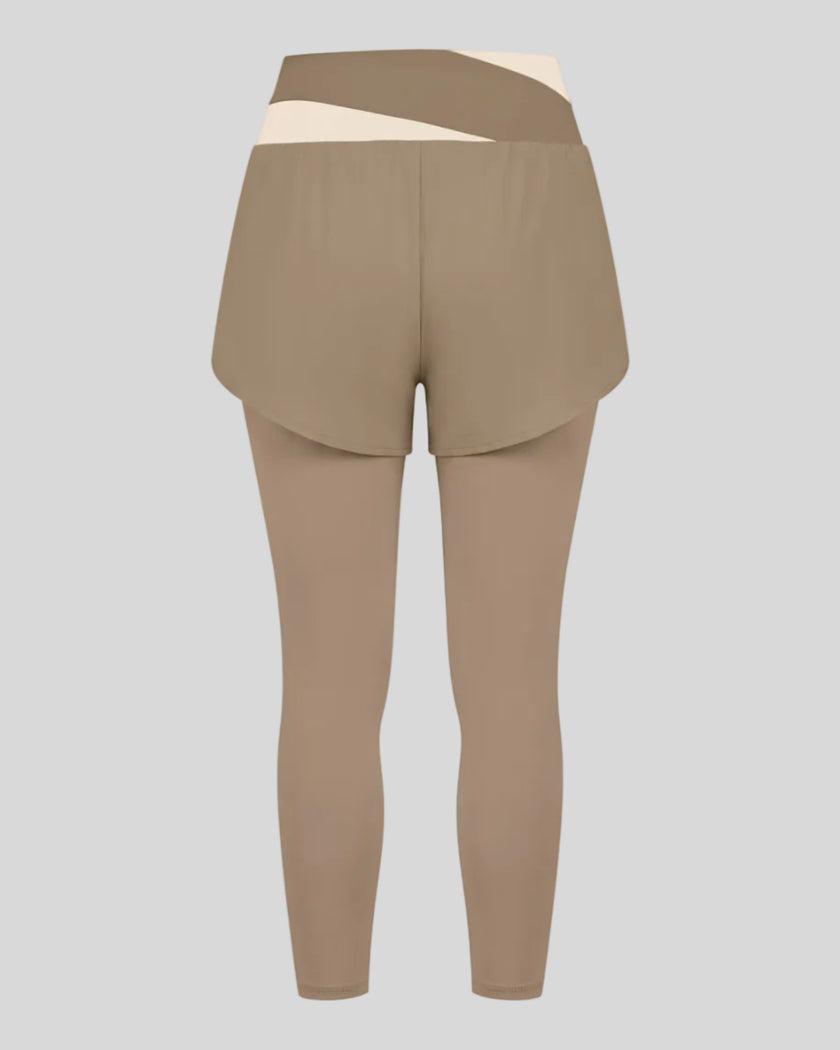 TrackLine Synergy Layered Leggings in light coffee with apricot crossover waistband and overlay shorts back view