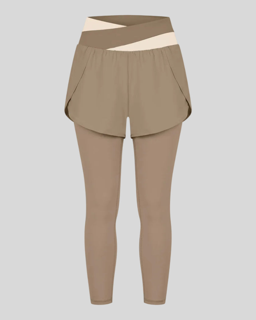 TrackLine Synergy Layered Leggings in light coffee with apricot crossover waistband and overlay shorts front view