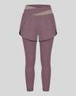 TrackLine Synergy Layered Leggings in misty purple with gray purple crossover waistband and overlay shorts front view