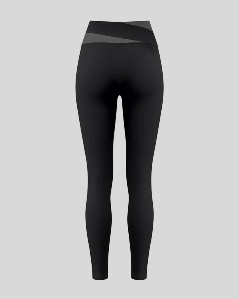 TrackLine Synergy Leggings in Black with Dark Gray color-block waistband, back view