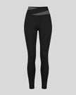 TrackLine Synergy Leggings in Black with Dark Gray crossover waistband, front view