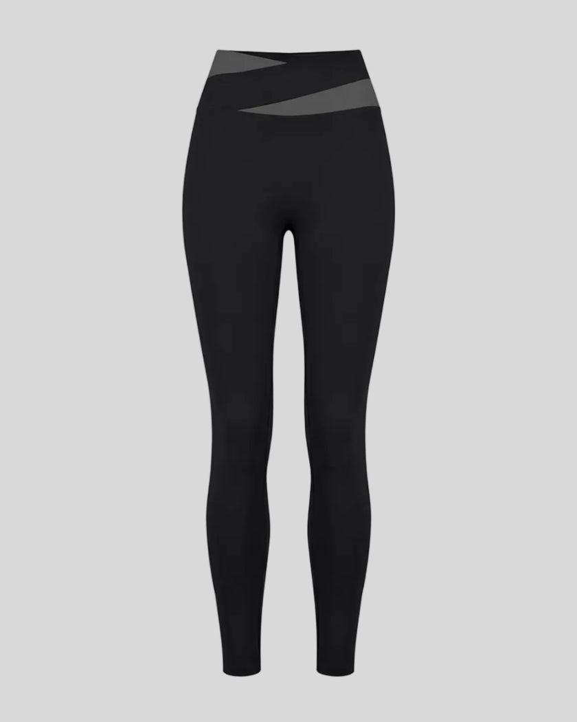 TrackLine Synergy Leggings in Black with Dark Gray crossover waistband, front view