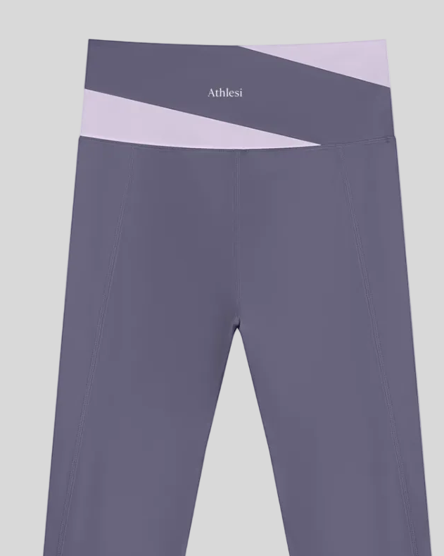 TrackLine Synergy Leggings in Deep Purple with Light Purple color-block waistband, back view logo closeup
