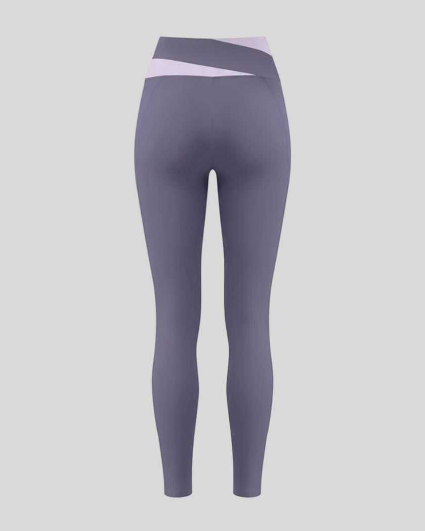 TrackLine Synergy Leggings in Deep Purple with Light Purple color-block waistband, back view