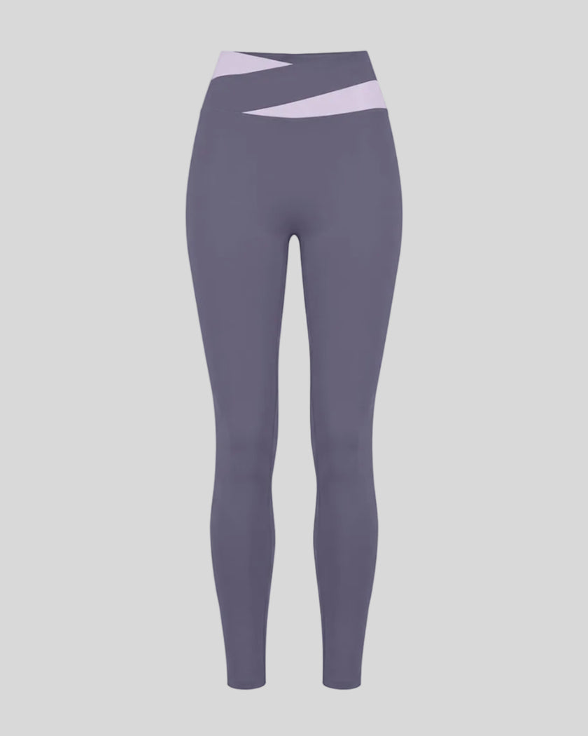 TrackLine Synergy Leggings in Deep Purple with Light Purple crossover waistband, front view