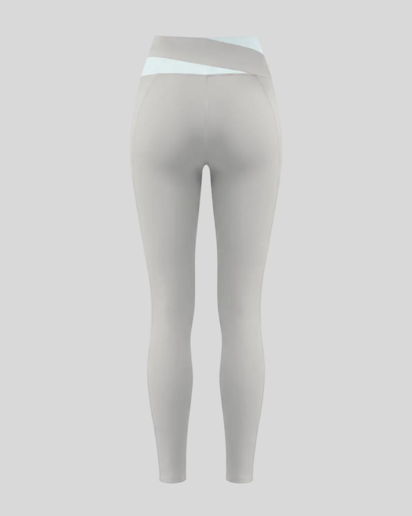 TrackLine Synergy Leggings in Light Gray with Light Blue crossover waistband, back view