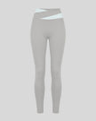 TrackLine Synergy Leggings in Light Gray with Light Blue crossover waistband, front view