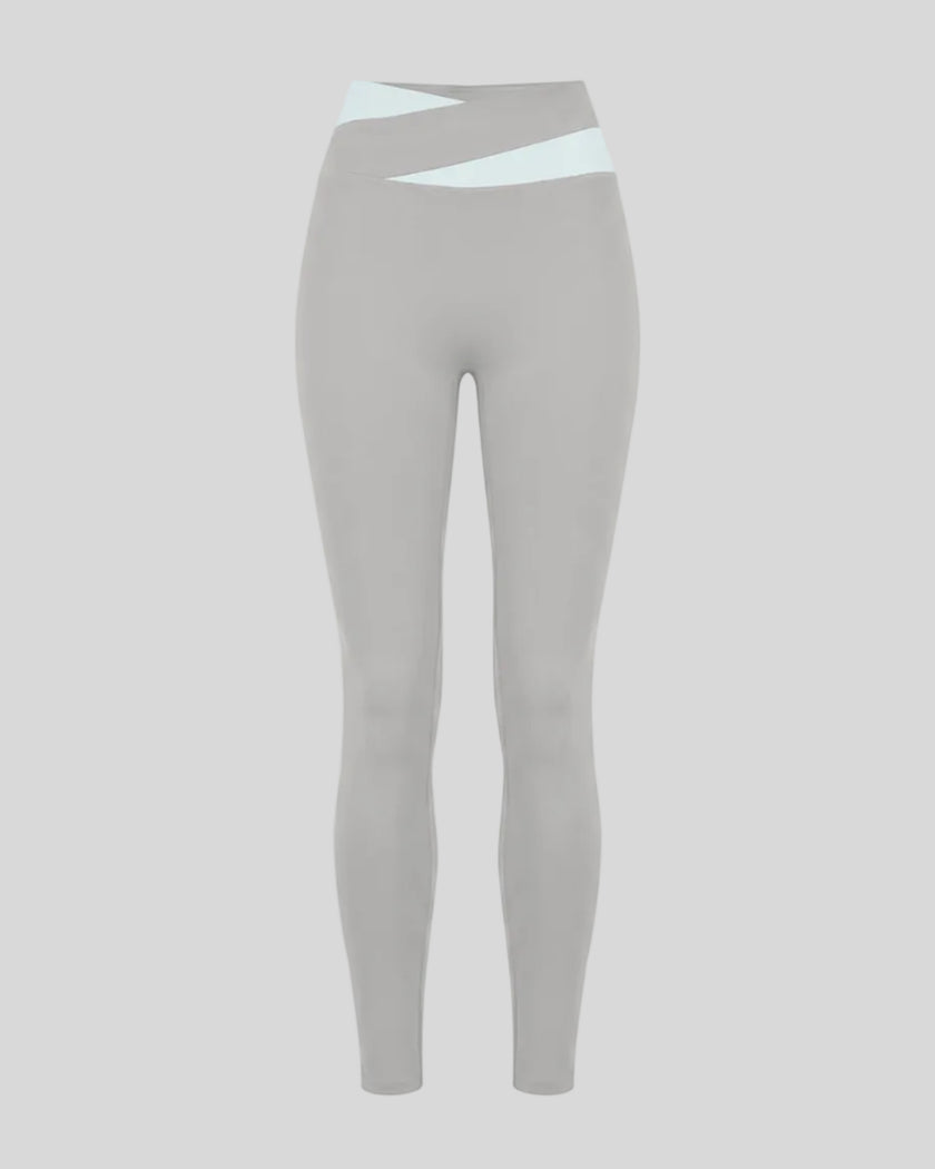 TrackLine Synergy Leggings in Light Gray with Light Blue crossover waistband, front view
