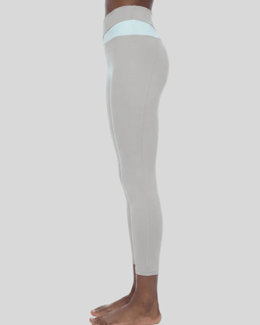 Woman wearing TrackLine Synergy Leggings in Light Gray with Light Blue crossover waistband, lower body side view