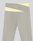 TrackLine Synergy Leggings in Light Gray with Light Yellow color-block waistband, back view logo closeup