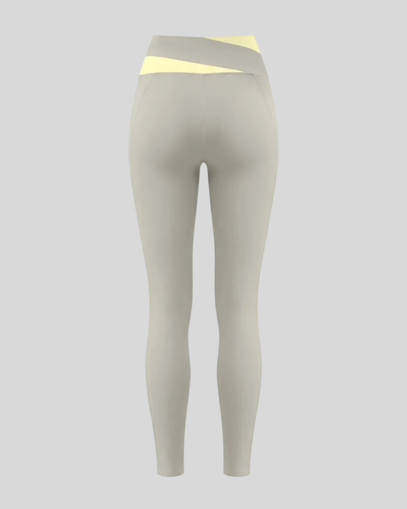 TrackLine Synergy Leggings in Light Gray with Light Yellow color-block waistband, back view