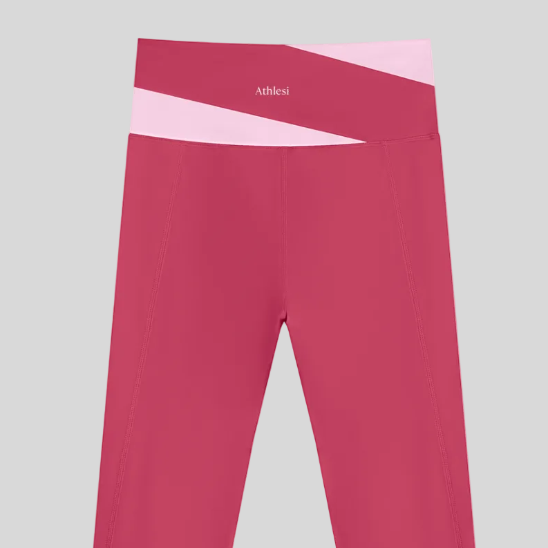TrackLine Synergy Leggings in Rose Red with Pink color-block waistband, back view logo closeup