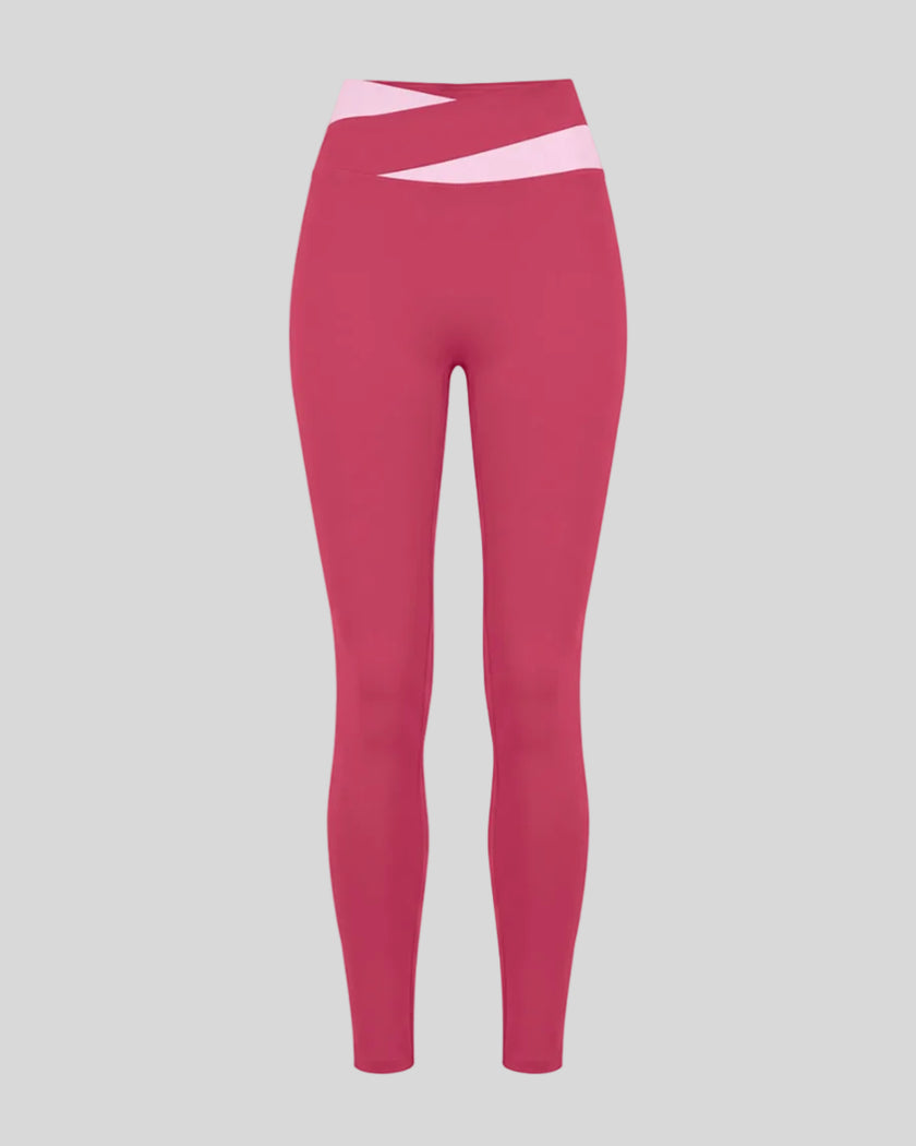 TrackLine Synergy Leggings in Rose Red with Pink crossover waistband, front view