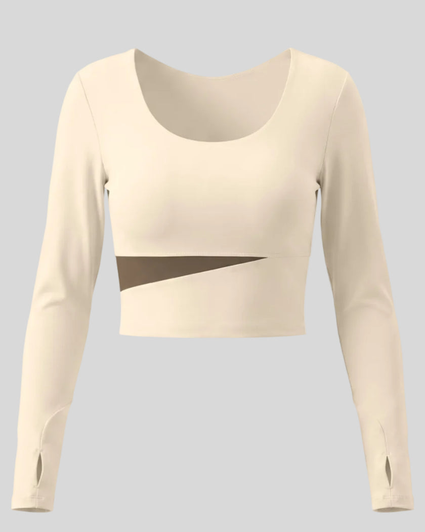 TrackLine Synergy Long Sleeve Top in apricot with khaki asymmetric color-block front detail
