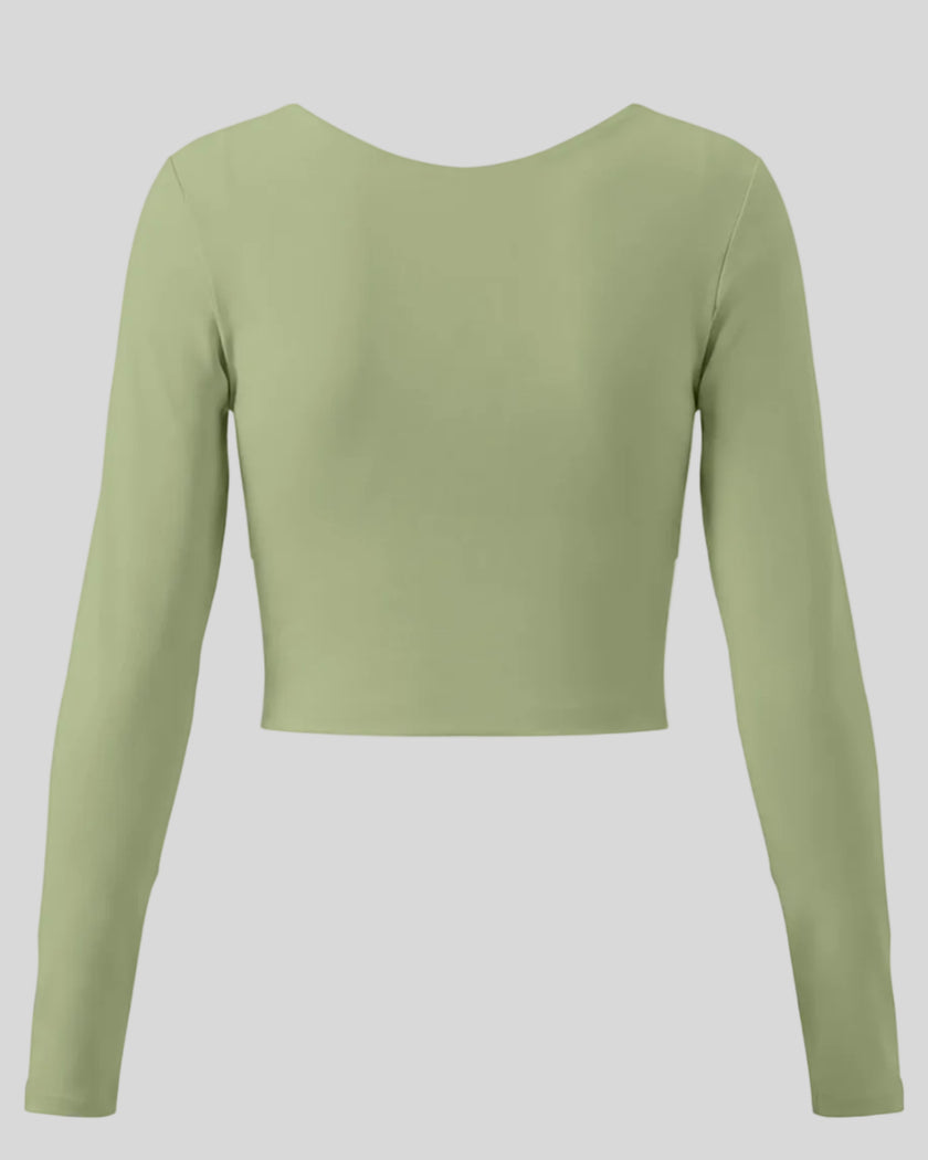 TrackLine Synergy Long Sleeve Top in bean green with fitted long sleeves and clean back design