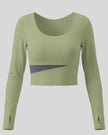 TrackLine Synergy Long Sleeve Top in bean green with dark gray asymmetric color-block front detail