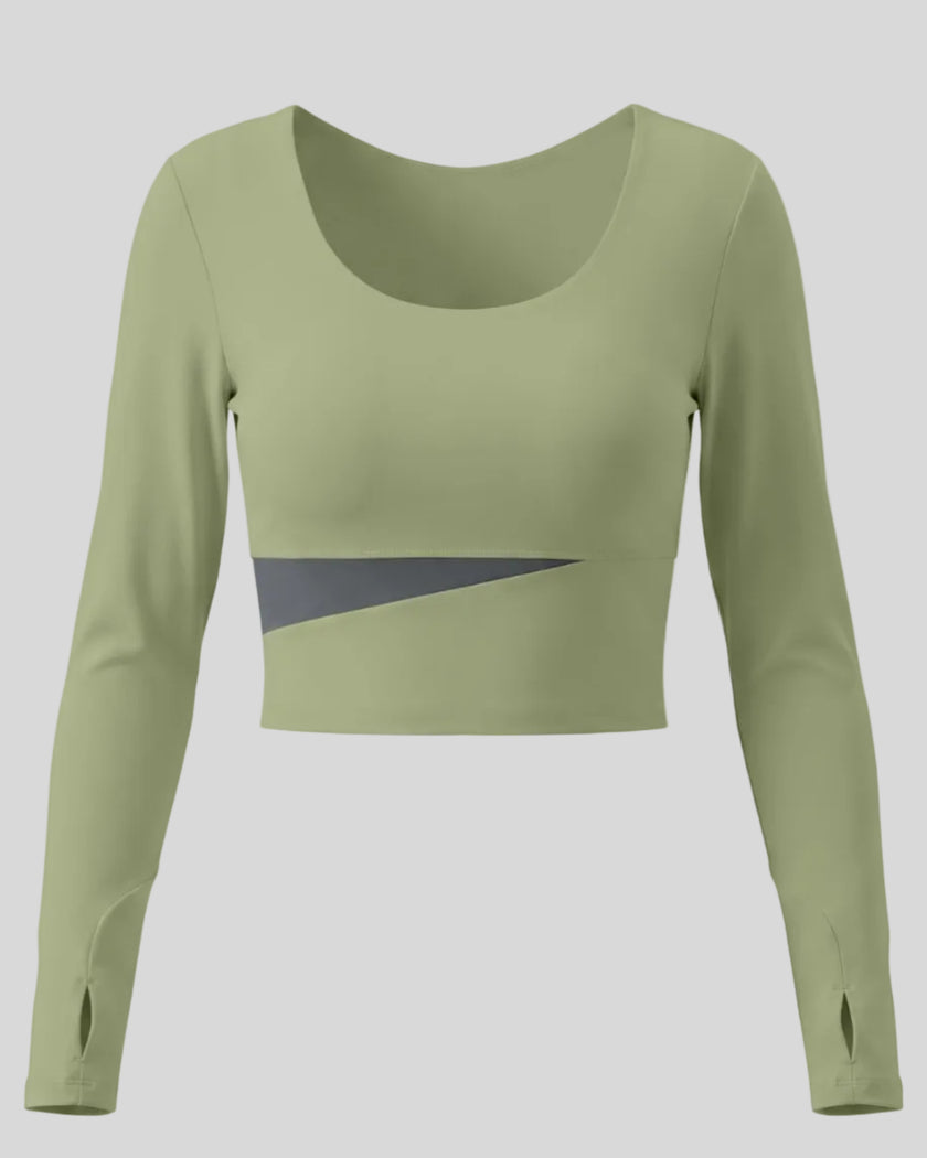 TrackLine Synergy Long Sleeve Top in bean green with dark gray asymmetric color-block front detail