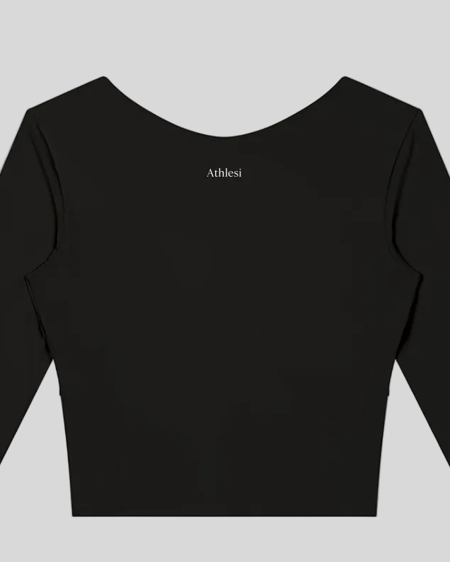 Closeup of Athlesi logo on black TrackLine Synergy Long Sleeve Top back