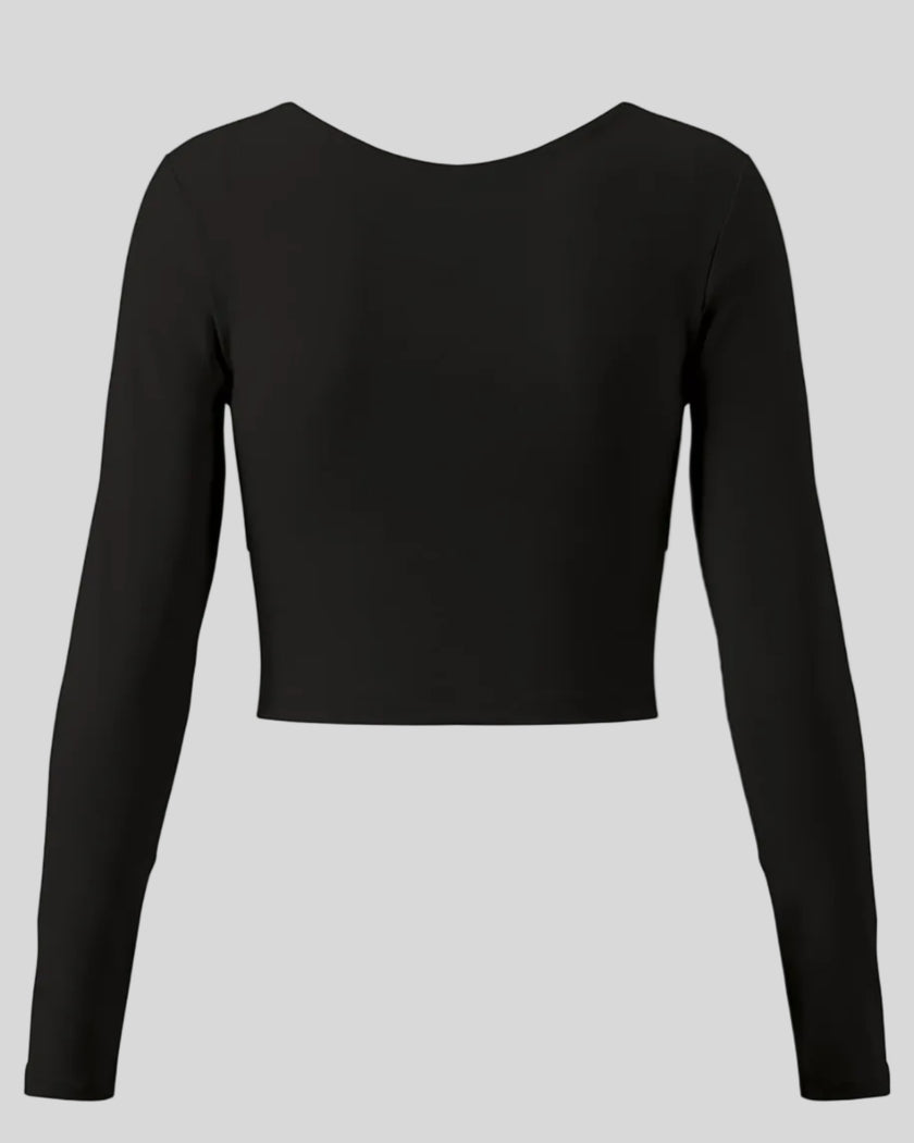 TrackLine Synergy Long Sleeve Top in black with fitted long sleeves and clean back design