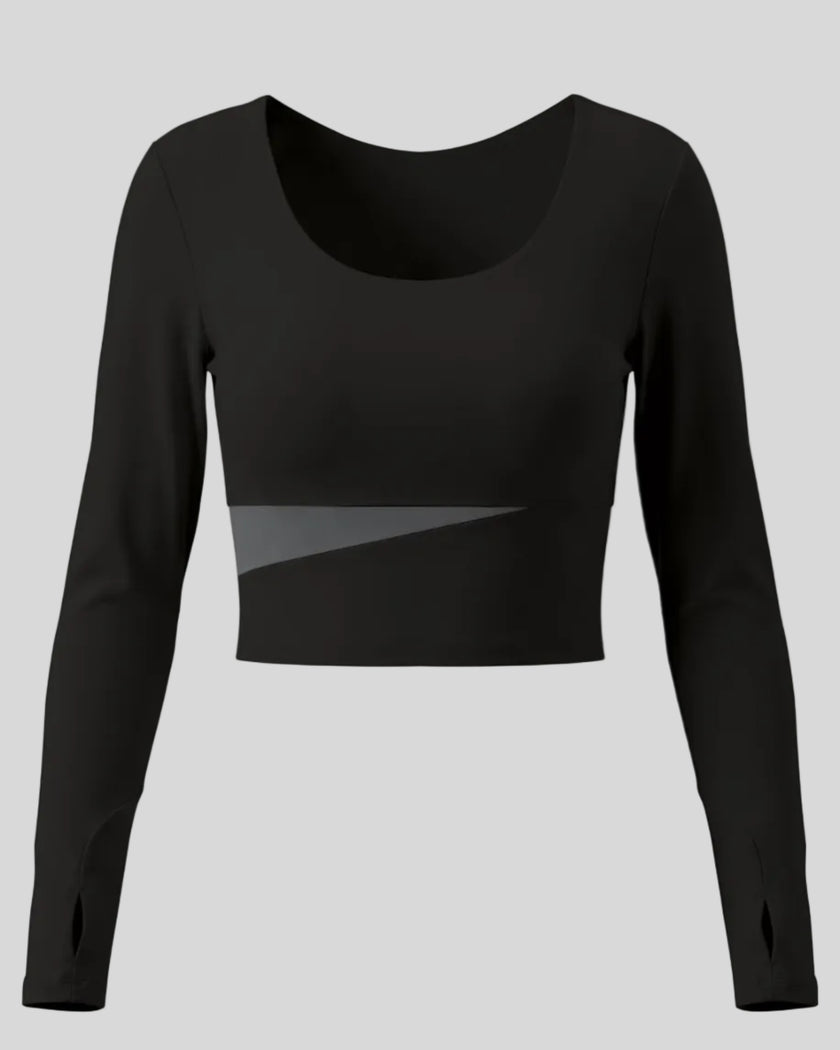 TrackLine Synergy Long Sleeve Top in black with dark gray asymmetric color-block front detail