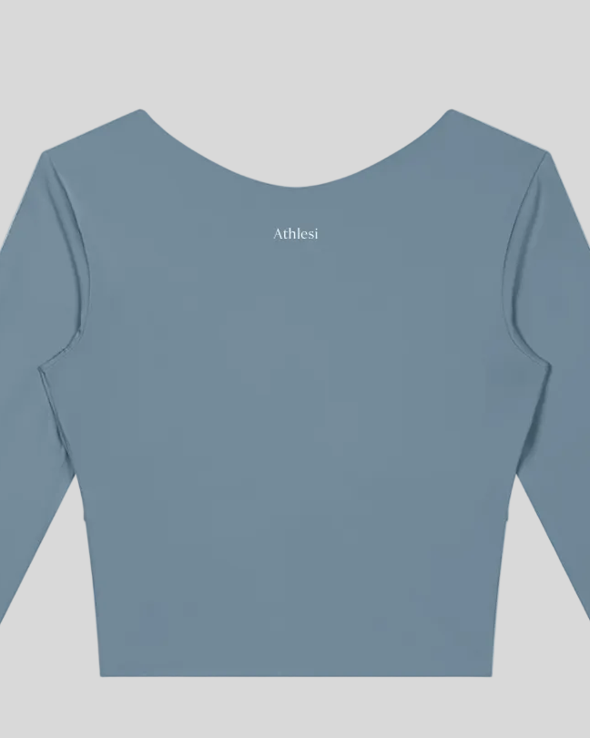 Closeup of Athlesi logo on gray blue TrackLine Synergy Long Sleeve Top back