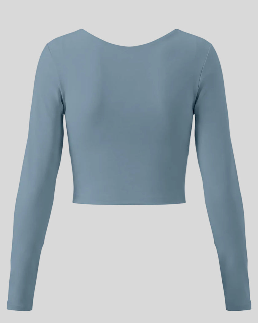 TrackLine Synergy Long Sleeve Top in gray blue with fitted long sleeves and clean back design