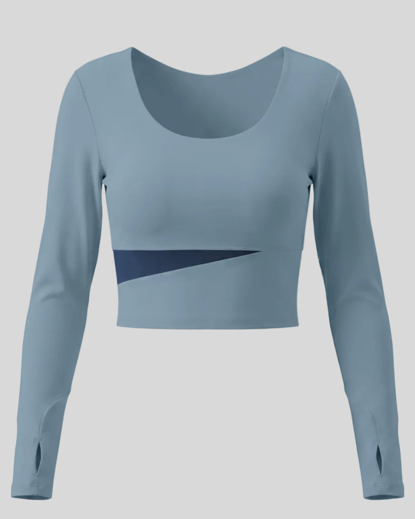 TrackLine Synergy Long Sleeve Top in gray blue with navy blue asymmetric color-block front detail