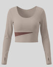 TrackLine Synergy Long Sleeve Top in gray purple with brick red asymmetric color-block front detail