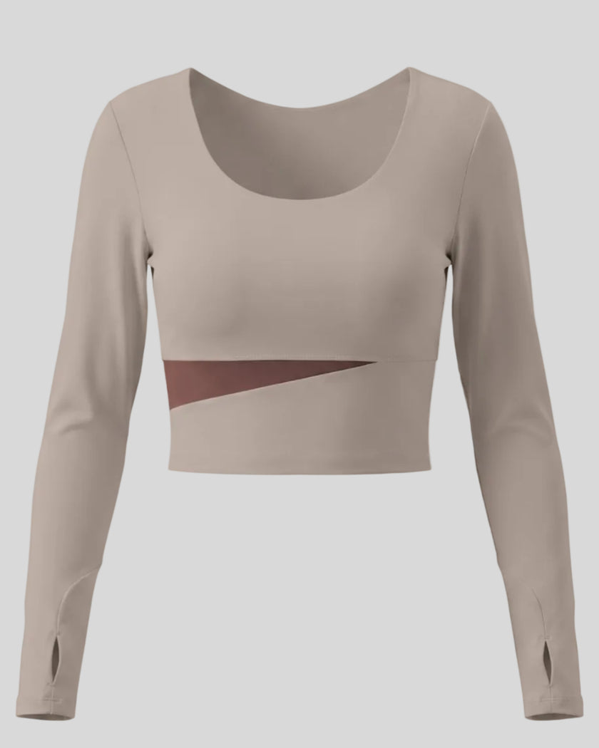 TrackLine Synergy Long Sleeve Top in gray purple with brick red asymmetric color-block front detail