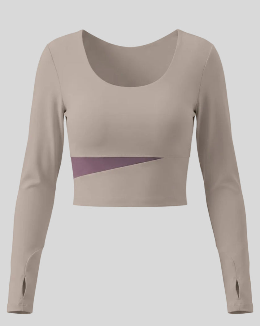 TrackLine Synergy Long Sleeve Top in gray purple with misty purple asymmetric color-block front detail