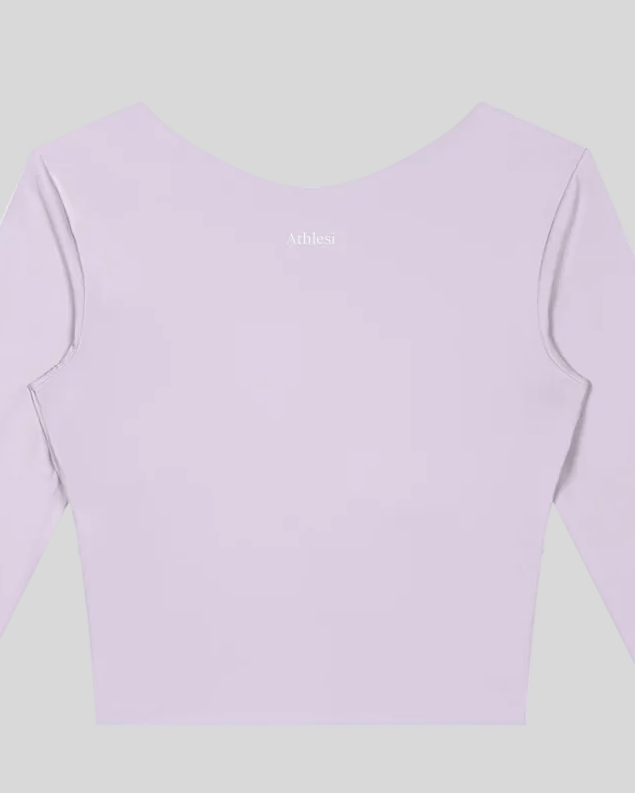 Closeup of Athlesi logo on light purple TrackLine Synergy Long Sleeve Top back