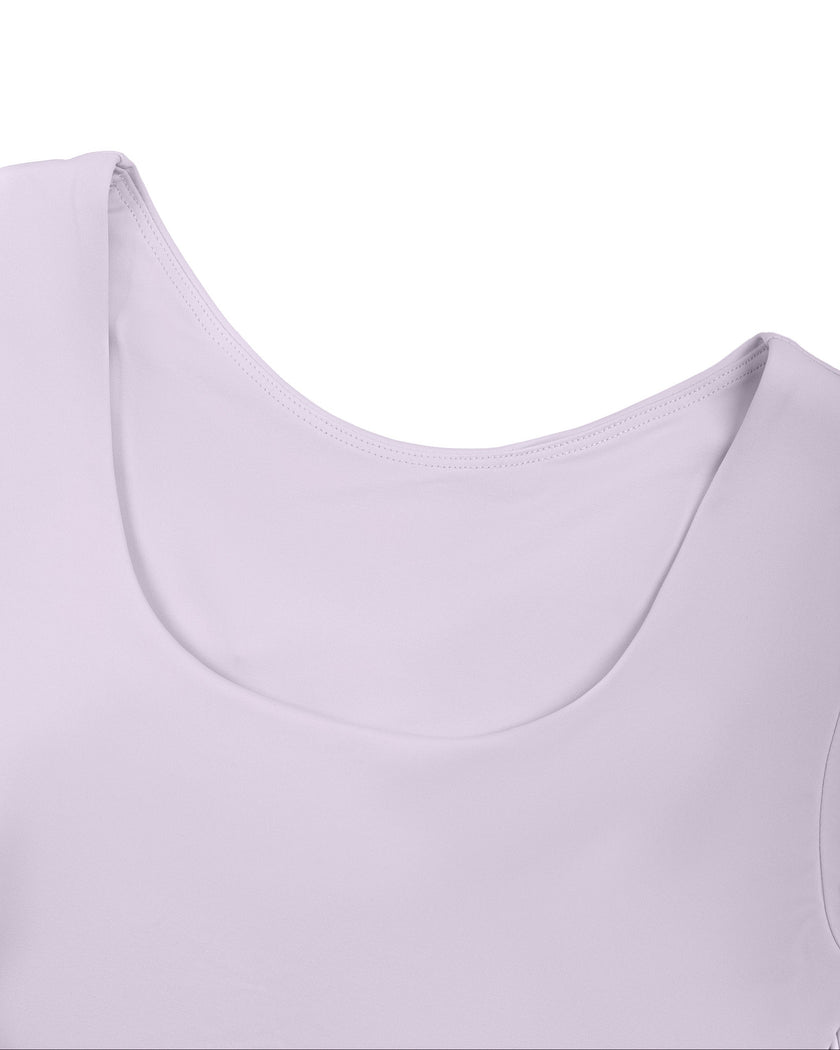 Closeup of U-neckline on TrackLine Synergy Long Sleeve Top in light purple