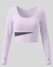TrackLine Synergy Long Sleeve Top in light purple with deep purple asymmetric color-block front detail