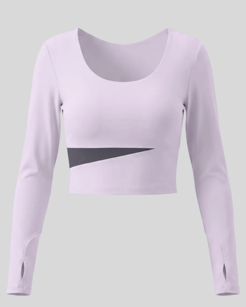 TrackLine Synergy Long Sleeve Top in light purple with deep purple asymmetric color-block front detail
