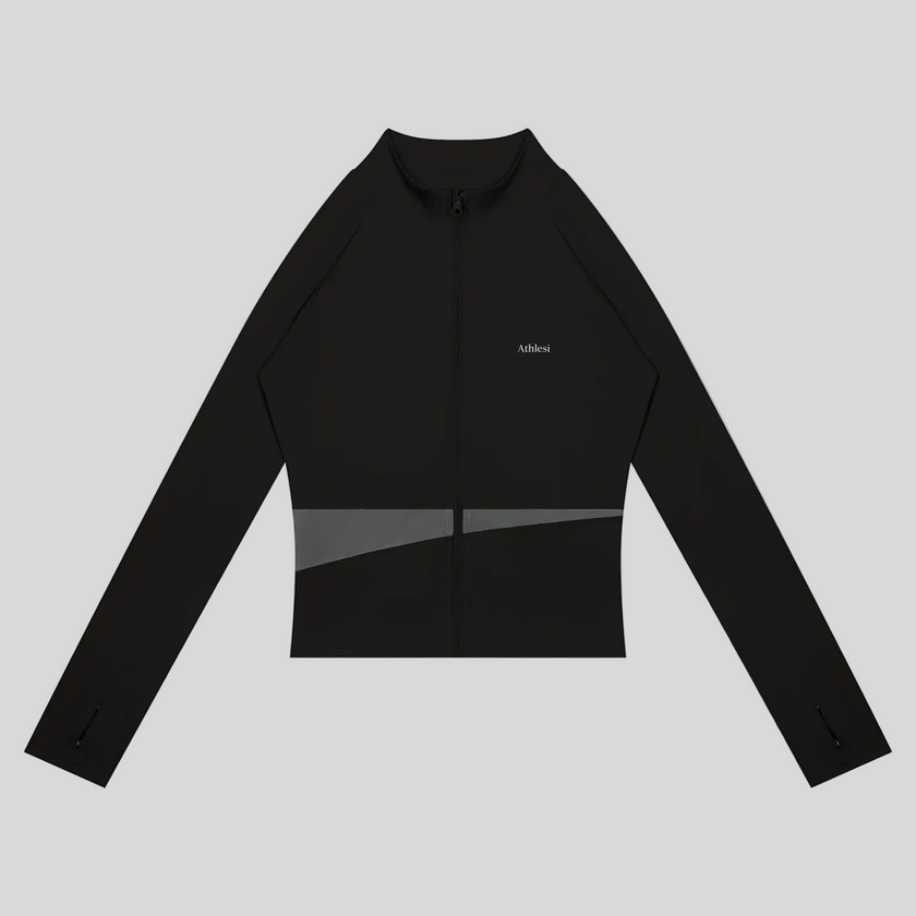 TrackLine Synergy Performance Jacket in Black with Dark Gray color-block panel, front view