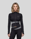 Woman wearing TrackLine Synergy Performance Jacket in Black with Dark Gray panel, front view