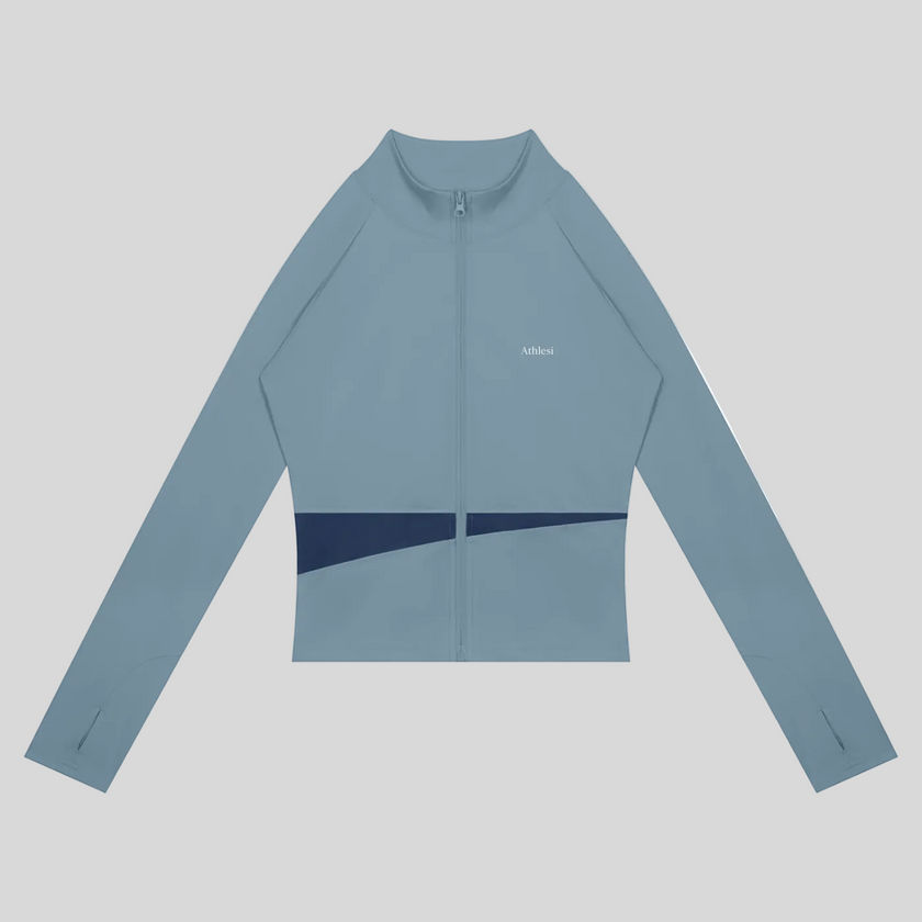 TrackLine Synergy Performance Jacket in Gray Blue with Navy Blue color-block panel, front view