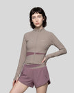Woman wearing TrackLine Synergy Performance Jacket in Gray Purple with Misty Purple panel, front view